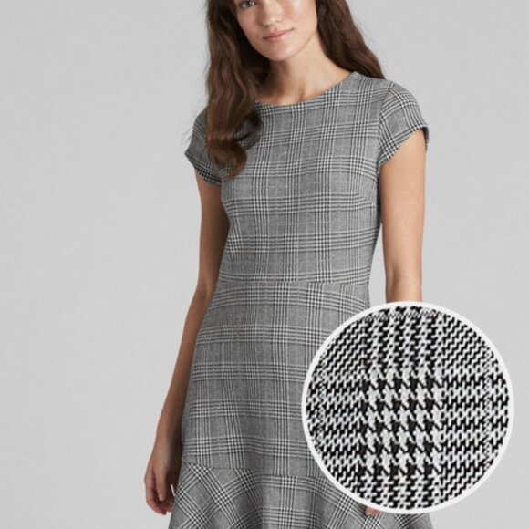 Gap Houndstooth Plaid Fit and Flare Peplum Dress Gray Black Plaid 2 EUC Trumpet - Picture 1 of 16
